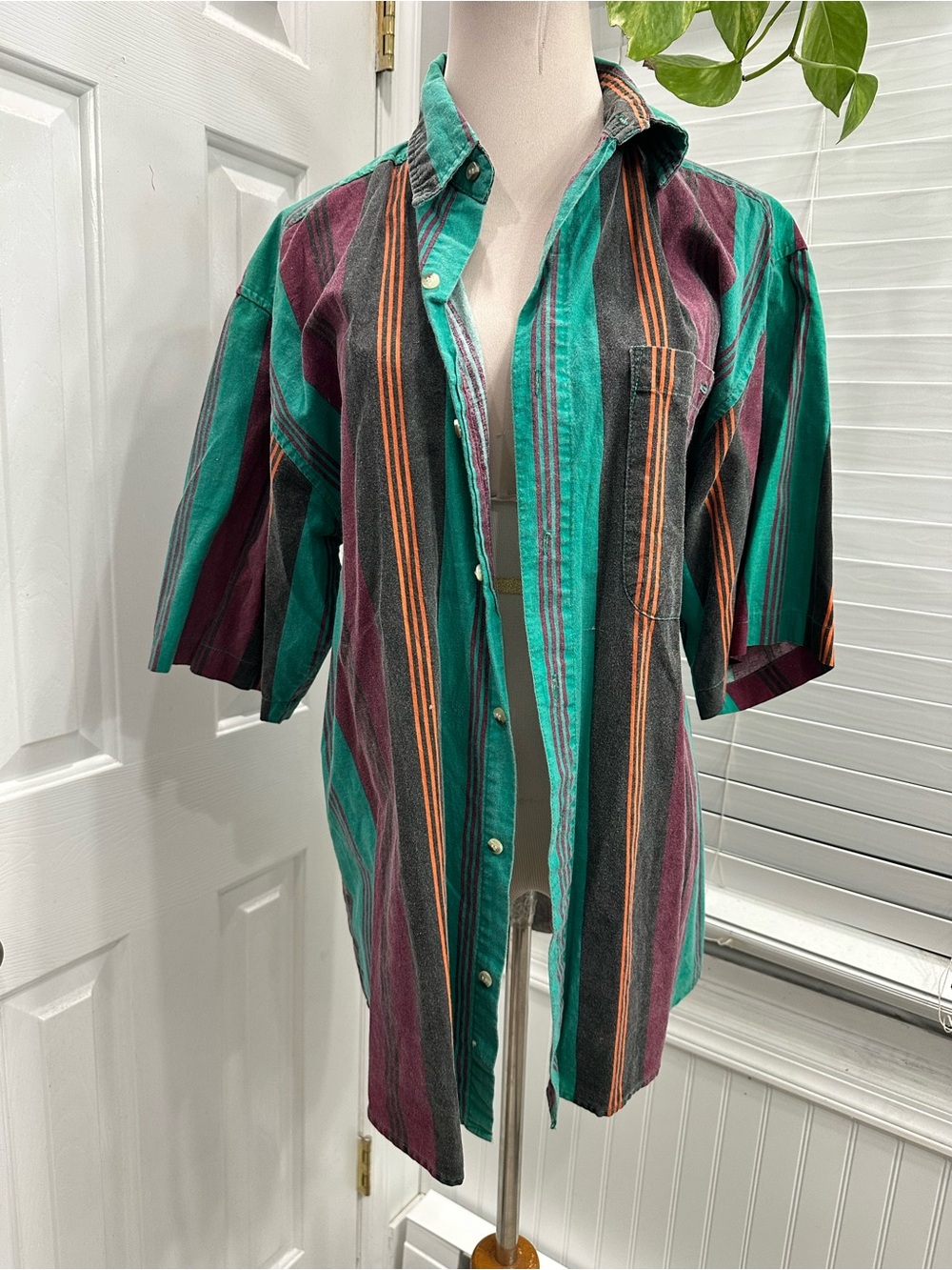 Vintage Santana Striped Button-Up Shirt in Teal & Gray